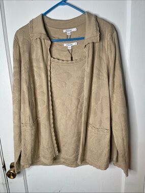 Chicos Nwt Set Cardigan Tank 2 3 L XL Tan Beige Pointelle Scalloped Wild Truffle